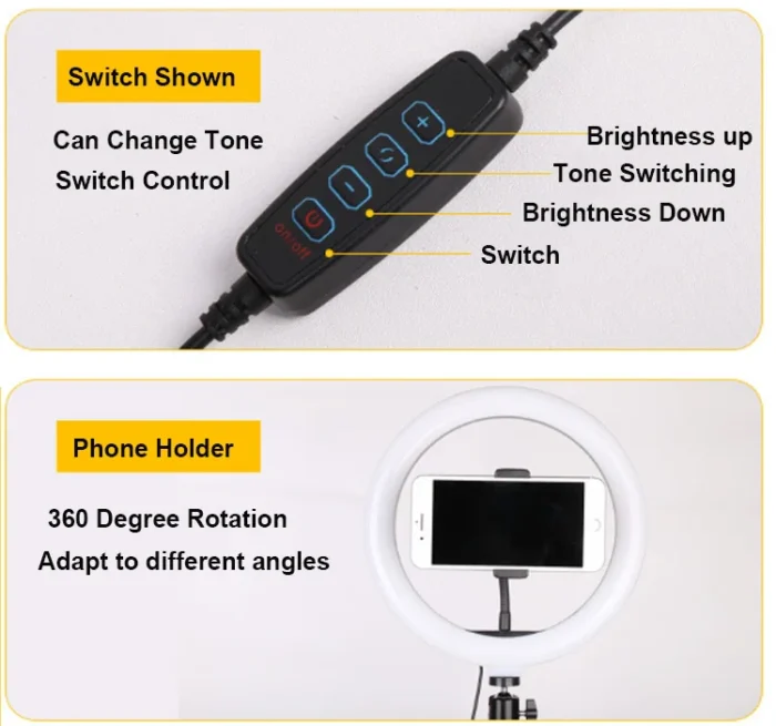 Anillo de luz LED circular regulable de 10 pulgadas y 26 cm con trípode, luz selfie tricolor ajustable para fotografía - Imagen 4