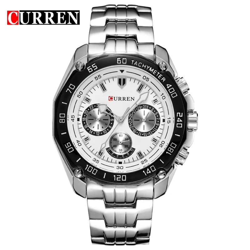 CURREN 8077 Men Quartz Watch Stainless Steel Strap Wristwatch Fashion Business Style Reloj Hombre Life Waterproof Classic Silver