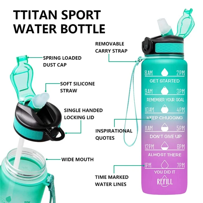 B14-1057 Botella de agua de plástico para PC Amz, la más vendida, con logotipo personalizado, 1000 ml, Tritan motivacional, 1 l, deportiva.