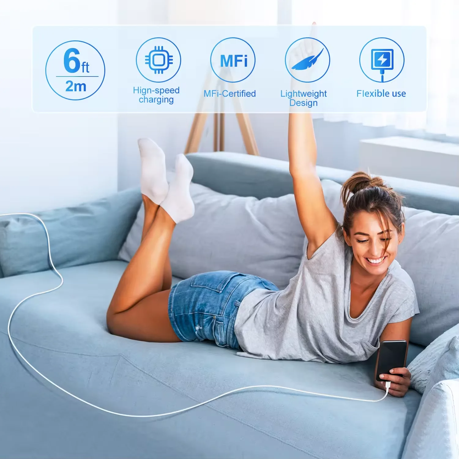 Custom MFI Certified 3Ft 6Ft 2.1A 20W USB Fast Charger Cable for iPhone 14 13 12 11 8 7 6 Pro Max PD 20w USB-C Fast Charger - Imagen 2