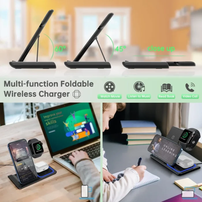 15W Wireless Charger 3 in 1 Fast Foldable Charging Station Dock for iPhone 13 12 11 Pro XS XR X SE 8 8 Plus Watch AirPods - Imagen 2