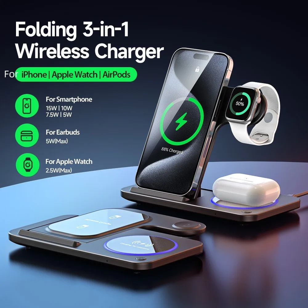 Hot 3 in 1 Wireless Charger for Mobile Phone with Lights Foldable Charger Station 2025 New products Custom Logo
