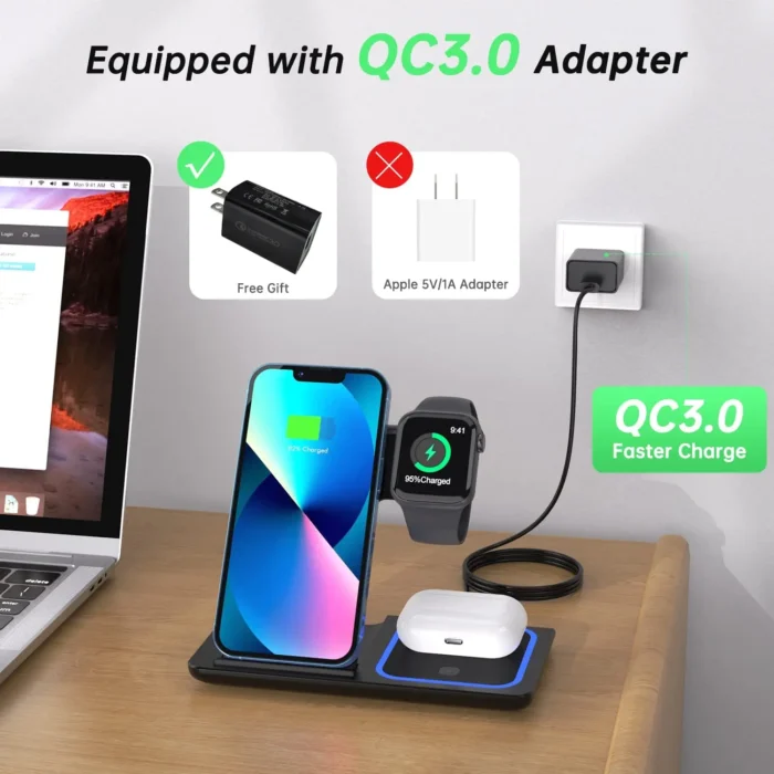 15W Wireless Charger 3 in 1 Fast Foldable Charging Station Dock for iPhone 13 12 11 Pro XS XR X SE 8 8 Plus Watch AirPods - Imagen 5