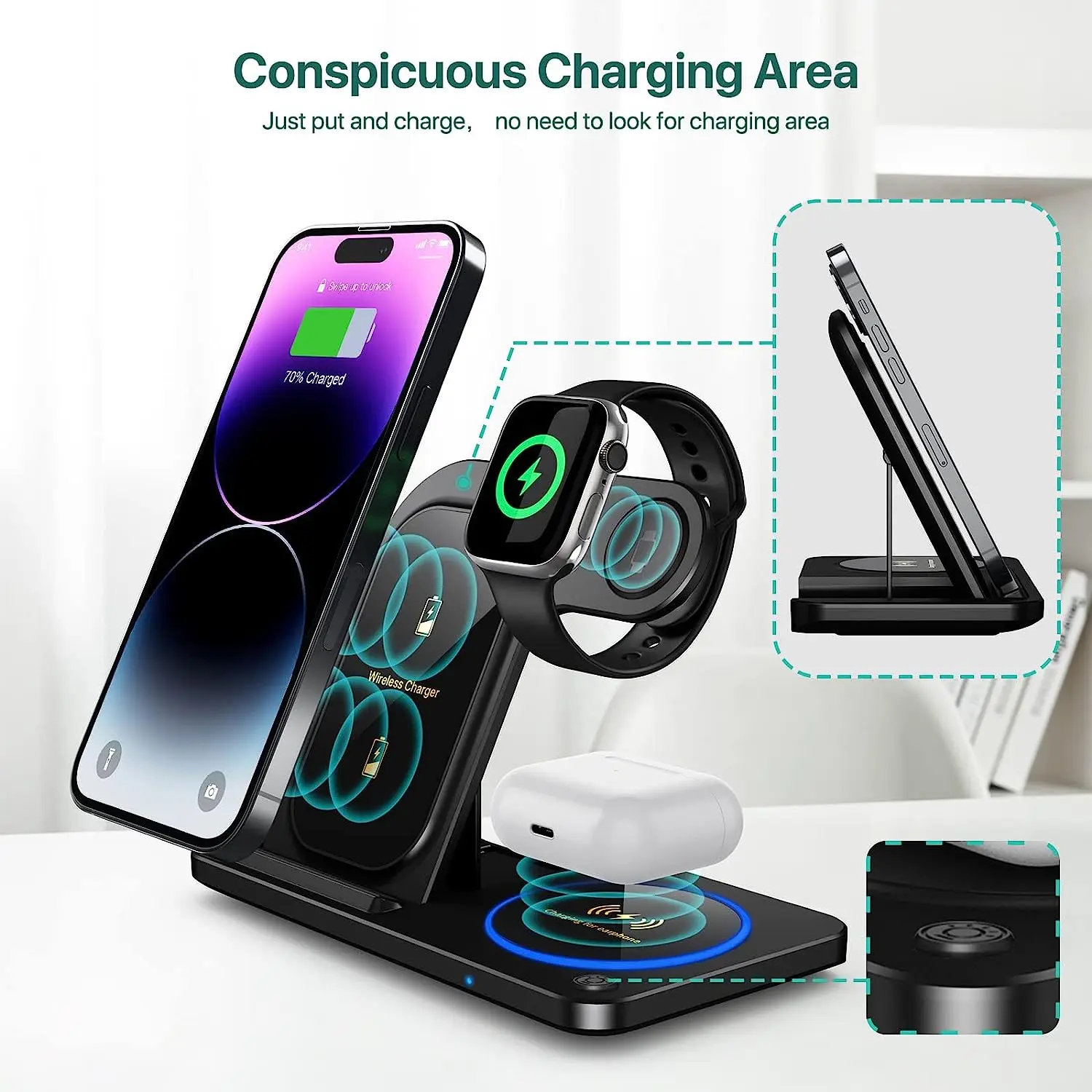Hot 3 in 1 Wireless Charger for Mobile Phone with Lights Foldable Charger Station 2025 New products Custom Logo - Imagen 3