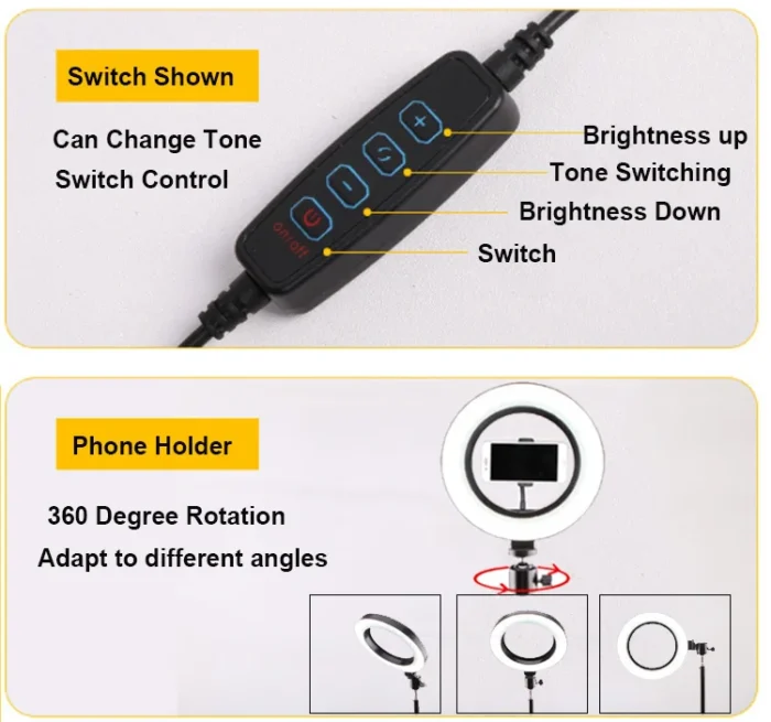 Anillo de luz LED circular regulable de 10 pulgadas y 26 cm con trípode, luz selfie tricolor ajustable para fotografía - Imagen 5