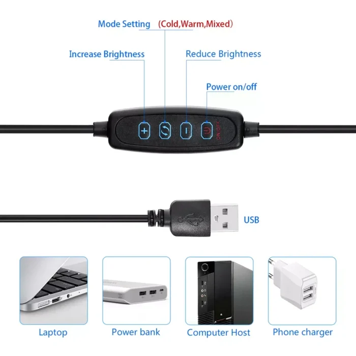 Mini anillo de luz LED USB de 3 colores, luz para selfies regulable con trípodes de mesa, anillo de luz LED para selfies de 10 pulgadas para maquillaje de vlog - Imagen 3
